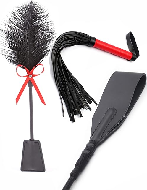 Crop Whip Set 18" Riding Crop 22" Whip Red 20" Feather Tickler - Faux Leather Horse Riding Whip - Equestrian Horse Whips - Whip and Crop Set