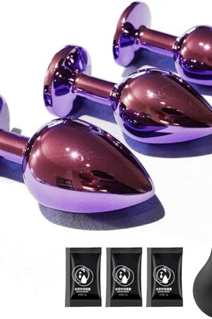 4PCS Anal Plug Training Set-3 Crystal Jewel Anal Plugs Metal Anal Sex Adult Toy, 1Enema,Sex Toy Anal Training Kit for Beginner Adult Unisex Women and Men Couple(Deep Purple)