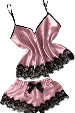 Womens Lace Satin Pajamas Set Sexy Camisole Tops Shorts 2 Piece Lingerie Sets Soft Comfy Sleepwear Ladies Loungewear