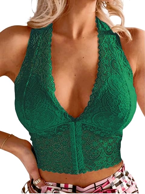 Lace Bralette for Women, Sheer Floral Plunge Deep V Sexy Bra, Push Up Halter Racerback Bustier Lingerie Going Out