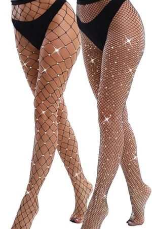 2 Pack Sparkly Large And Medium Mesh Fishnet Tights For Women Glitter Rhinestone Fishnets Stockings