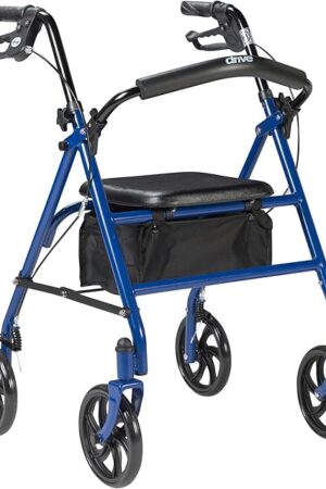 Drive Medical 10257BL-1 4 Wheel Rollator Walker With Seat, Steel Rolling Walker, Height Adjustable, 75" Wheels, Removable Back Support, 300 Pound Weight Capacity, Blue