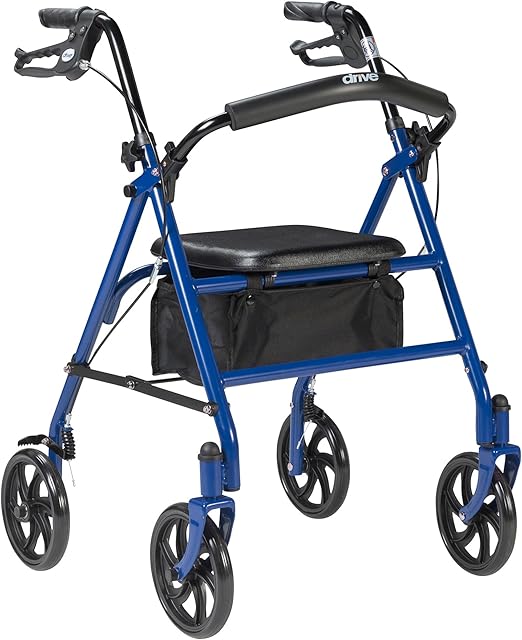 Drive Medical 10257BL-1 4 Wheel Rollator Walker With Seat, Steel Rolling Walker, Height Adjustable, 75" Wheels, Removable Back Support, 300 Pound Weight Capacity, Blue