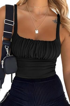 Women Crop Tank Top Sexy Square V Neck Double Lined Ruched Corset Like Cropped Sleeveless Cami Summer Outfit Going Out Top