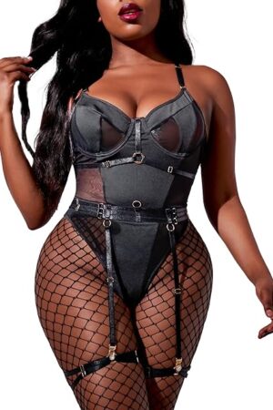 Women Lingerie Set with Garter Belt 3 Pieces Teddy Snap Crotch Bodysuit Exotic Lingerie Sets