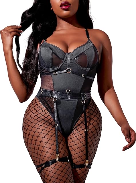 Women Lingerie Set with Garter Belt 3 Pieces Teddy Snap Crotch Bodysuit Exotic Lingerie Sets