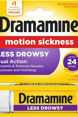 Dramamine Motion Sickness Less Drowsy, Travel Vial, Multicolor, 8 Count