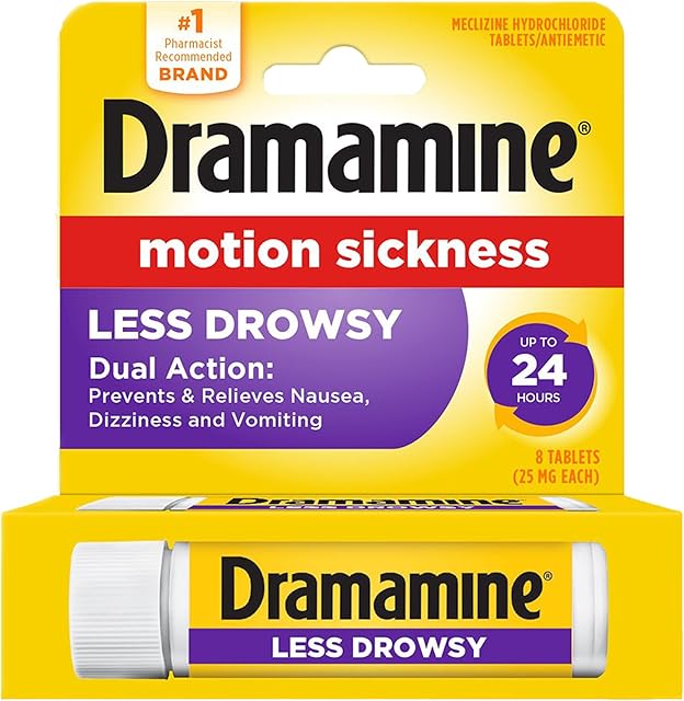 Dramamine Motion Sickness Less Drowsy, Travel Vial, Multicolor, 8 Count