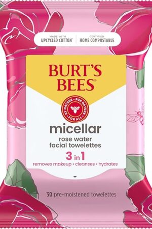 Burt's Bees, Rose Water Face Wipes, for All Skin Types, Hydrating Micellar Makeup Remover & Facial Cleansing Towelettes, 30 Count (1 Pack)