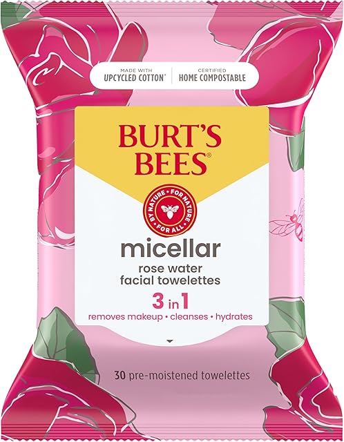Burt's Bees, Rose Water Face Wipes, for All Skin Types, Hydrating Micellar Makeup Remover & Facial Cleansing Towelettes, 30 Count (1 Pack)
