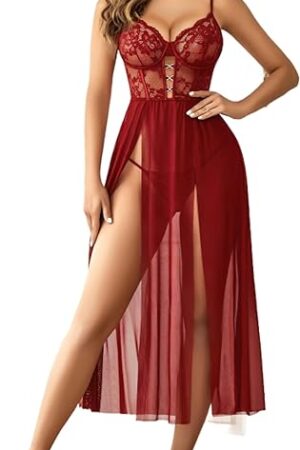 Christmas Lingerie for Women Spaghetti Strap Babydoll Sleepwear Full Slip Side Slit Nightwear Red Medium