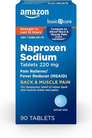 Amazon Basic Care Back and Muscle Pain, 220 mg, 12-Hour Pain Relief, Naproxen Sodium Tablets, Pain Reliever and Fever Reducer, 90 Count