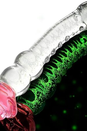 Glass Dildo Rose Adult Tool for Women ? Anal Dildo Glow in The Dark Borosilicate Glass Toy for Temperature Play with Anal Beads & Textured Design, 8 Inch Butt Plug for Women (Clear Glow)