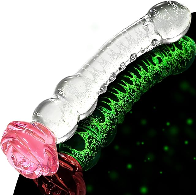 Glass Dildo Rose Adult Tool for Women ? Anal Dildo Glow in The Dark Borosilicate Glass Toy for Temperature Play with Anal Beads & Textured Design, 8 Inch Butt Plug for Women (Clear Glow)