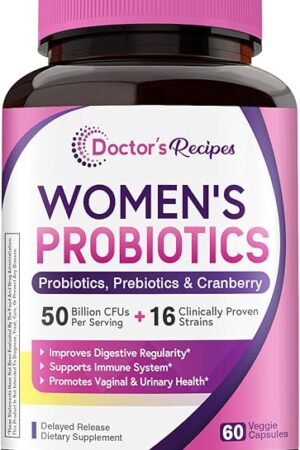 Doctor's Recipes Women?s Probiotic, 60 Caps 50 Billion CFU 16 Strains, with Organic Cranberry, Digestive Immune Vaginal & Urinary Health, Shelf Stable, Delayed Release, No Soy Gluten Dairy