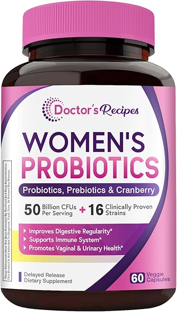 Doctor's Recipes Women?s Probiotic, 60 Caps 50 Billion CFU 16 Strains, with Organic Cranberry, Digestive Immune Vaginal & Urinary Health, Shelf Stable, Delayed Release, No Soy Gluten Dairy