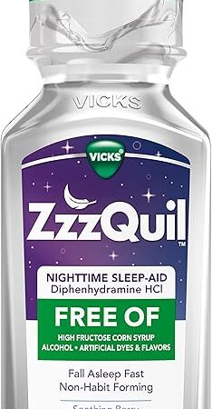 ZzzQuil, Nighttime Sleep Aid Liquid, FREE OF Alcohol & Artificial Dyes, 50 mg Diphenhydramine HCl, No1 Sleep Aid Brand, Fall Asleep Fast, Non-Habit Forming, Soothing Berry Flavor, 12 FL OZ