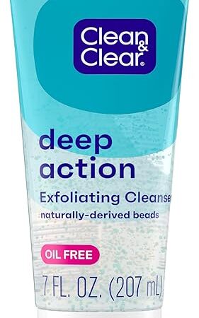 Clean & Clear Deep Action Exfoliating Facial Cleanser, Scrub & Face Wash, Pro-Vitamin B5, Lactic & Glycolic Acids, Oil-Free Gentle Daily Exfoliator for Soft, Smooth, Hydrated Skin, Vegan, 7 Fl Oz Tube