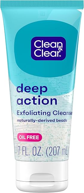 Clean & Clear Deep Action Exfoliating Facial Cleanser, Scrub & Face Wash, Pro-Vitamin B5, Lactic & Glycolic Acids, Oil-Free Gentle Daily Exfoliator for Soft, Smooth, Hydrated Skin, Vegan, 7 Fl Oz Tube