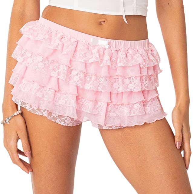Women Lace Ruffle Bloomer Shorts Y2k Low Waisted Lolita Sexy Micro Boyshorts Layered Bloomers Bottoms Pettipants