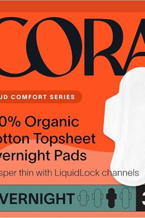 Cora 100% Organic Cotton Topsheet | Ultra Thin Period Pads with Wings | Overnight Absorbency | Ultra-Absorbent Sanitary Pads for Women (36 Count)