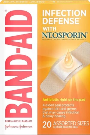 Band-Aid Brand Adhesive Bandages Infection Defense with Neosporin Antibiotic Ointment, Pack of Assorted Sizes, for Wound Care and First Aid, 20 ct