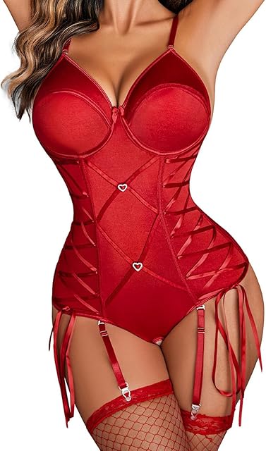 Womens One Piece Sexy Corset Lingerie Halter Teddy Lace Up Mini Babydoll Bodysuit Teddy Boudoir Outfits Clubwear