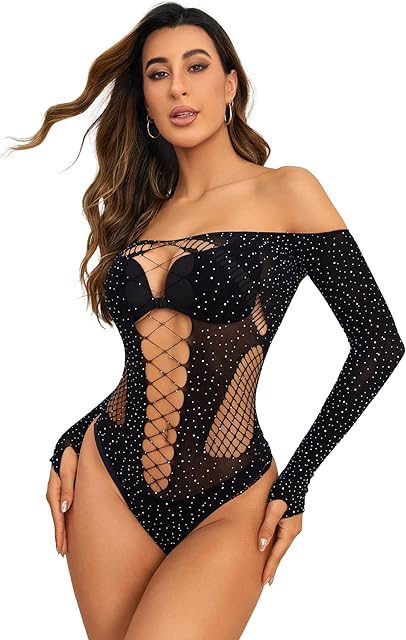 Women's Fishnet Sequin Sparkly Glitter Off Shoulder Long Sleeve Lace Up Teddy Babydoll Lingerie Bodysuit