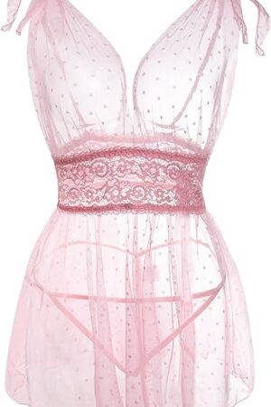 Women's 2Pcs Lace Sheer Mesh Polka Dots V Neck Babydoll Teddy Lingerie Set