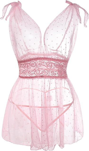 Women's 2Pcs Lace Sheer Mesh Polka Dots V Neck Babydoll Teddy Lingerie Set