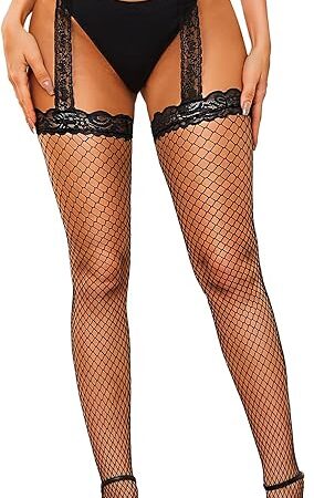 Fishnet Stockings for Women - Lace Top Thigh High Stockings Suspender Pantyhose with Antiskid Silicone