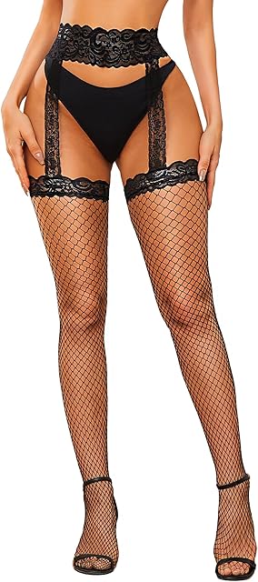 Fishnet Stockings for Women - Lace Top Thigh High Stockings Suspender Pantyhose with Antiskid Silicone