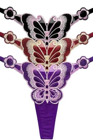 3-Pack Embroidered Women's Thong Underwear Adjustable Waist G-String Panties for Women