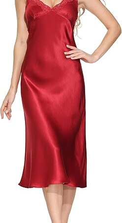 Women's Long Mulberry Silk Nightgown 100% Silk Full Slip Chemise with Charming Lace