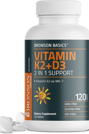 Bronson Vitamin K2 D3 (MK7) Supplement Non-GMO Formula Vitamin D3 5000IU (125 mcg) & 90 mcg K2 MK-7, Easy to Swallow D & K Complex, 120 Tablets