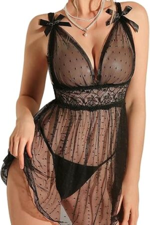 Women's Babydoll Lingerie 2 Piece Polka Dots Sheer Chemise Nightgowns Teddy Lingerie Set