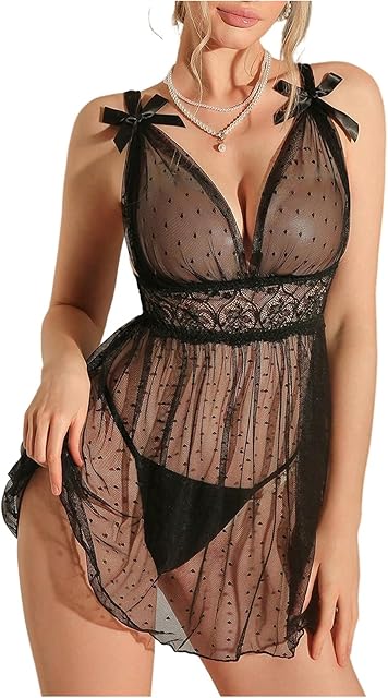 Women's Babydoll Lingerie 2 Piece Polka Dots Sheer Chemise Nightgowns Teddy Lingerie Set