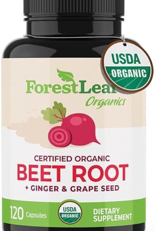 ForestLeaf Organic Beet Root Capsules - Beetroot Supplement 16000mg Strength 20:1 Extract Pills w/Ginger Grape Seed | Support Blood Pressure, Nitric Oxide, Flow, Circulation | Beets Powder - 120 Caps