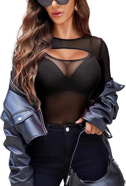 Women Sexy Long Sleeve Mesh Top Teddy Bodysuit Clubwear Sheer Leotards with Garter Belt