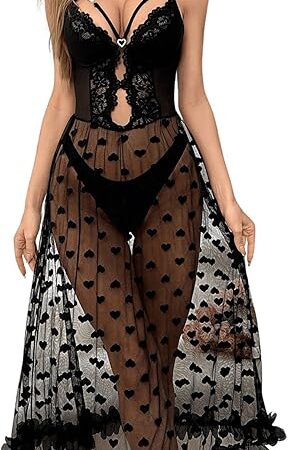 Women's Mesh Sheer Heart Print Lace Lingerie Set Babydoll Nightgowns V Neck Chemise Exotic Sleepwear