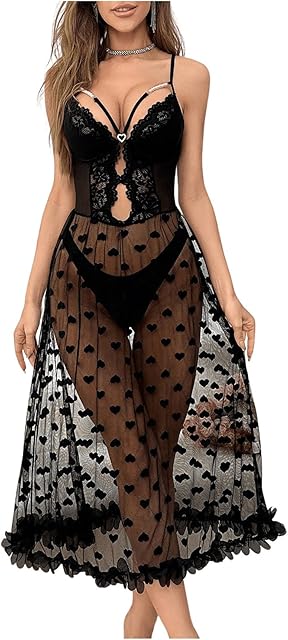 Women's Mesh Sheer Heart Print Lace Lingerie Set Babydoll Nightgowns V Neck Chemise Exotic Sleepwear