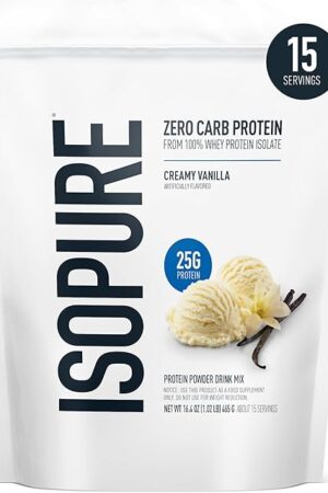 Isopure Zero Carb 100% Pure Whey Isolate Protein Powder, Lactose Free, Gluten Free, With Vitamins, Creamy Vanilla, 25g Protein Per Serving, 1 Lb, 15 Servings (Packaging May Vary)