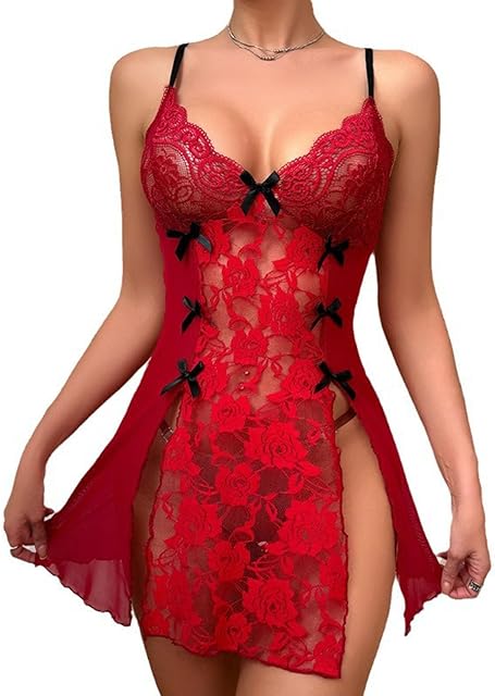 Women Lace Floral Babydoll Lingerie Sexy Mesh Chemise Nightgown Side Split Boudoir Pajama Dress for Sex Naughty