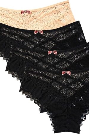 4PC Lace Briefs for Women Bow Mid-rise Stretch Comfy Panties Underwear Sexy T-Back Knick Panty Underpant Lingerie