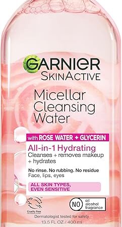 Garnier Micellar Water with Rose Water and Glycerin, Hydrating Facial Cleanser & Makeup Remover, For All Skin Types, Vegan, Cruelty Free, 135 Fl Oz (400mL), 1 Count