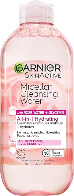 Garnier Micellar Water with Rose Water and Glycerin, Hydrating Facial Cleanser & Makeup Remover, For All Skin Types, Vegan, Cruelty Free, 135 Fl Oz (400mL), 1 Count
