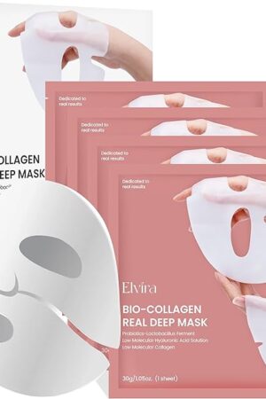 Elvira Bio-Collagen Face Mask - Deep Hydrating Overnight Face Mask, Korean Skincare, Facial Treatments & Masks for Women - Firming and Moisturizing, 4-Pack
