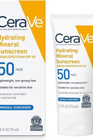 CeraVe 100% Mineral Sunscreen SPF 50, Face sunscreen With Zinc Oxide & Titanium Dioxide, Hyaluronic Acid + Niacinamide + Ceramides, Oil Free, Travel Size 25 oz