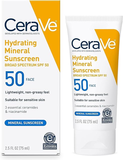 CeraVe 100% Mineral Sunscreen SPF 50, Face sunscreen With Zinc Oxide & Titanium Dioxide, Hyaluronic Acid + Niacinamide + Ceramides, Oil Free, Travel Size 25 oz