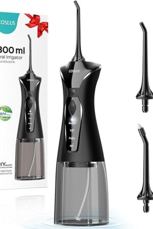 COSLUS Water Dental Flosser Pick for Teeth: 4 Modes Cordless Portable 300ML Larger Tank Water Teeth Cleaner IPX7 Waterproof Flossing Cleaning Picks for Home Travel Black C30(FC5360)